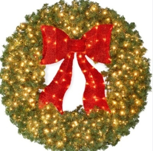 Pre-Lit Artificial Fir Christmas Wreath w/ Red Bow, LED Lights 48in