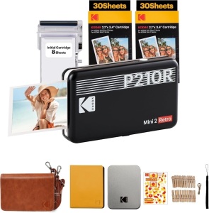 KODAK Mini 2 Retro 4PASS Portable Photo Printer (2.1x3.4 inches) Initial 8 Sheets + 60 Sheets + Gift Bundle, Black