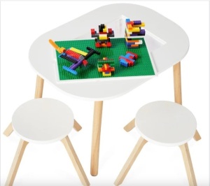 2-in-1 Kid's Building Block Table w/ 2 Stools, Storage Compartment