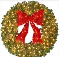 Pre-Lit Artificial Fir Christmas Wreath w/ Red Bow, LED Lights-48in