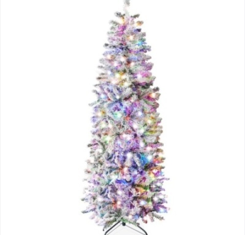 Pre-Lit Snow Flocked Artificial Pencil Christmas Tree w/ Multicolor Lights 6ft