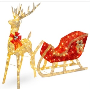 Lighted Christmas Reindeer & Sleigh Outdoor Decor Set w/ LED Lights