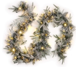 Flocked Pine Garland with Lights - 9 FT, Artificial Snow Pine Garland with 100 Warm White LED Lights, Plug in