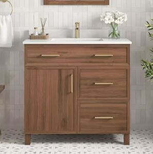 Home Decorators Collection Bilston 36 in. W x 19 in. D x 34 in. H Single Sink Bath Vanity in Spiced Walnut with White Engineered Stone Top 