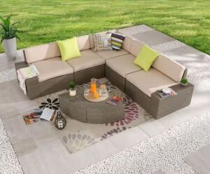 Patio Festival 6-Piece Wicker Outdoor Sectional Set with Beige Cushions