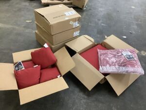 Lot of (4) Arden Selections Ruby Red Leala Outdoor Deep Seat Cushion Set, 24 x 24 & (4) Ruby Red Leala Outdoor Throw Pillows, 16 x 16