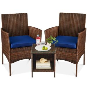 3-Piece Outdoor Patio Wicker Bistro Set w/ Side Storage Table - Bent Chair Backs