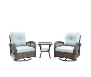 3-Piece Wicker Outdoor Patio Set Rocking Swivel Chairs with Baby Blue Cushions and Side Table - Light Damage to Wicker on One Chair 