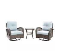 3-Piece Wicker Outdoor Patio Set Rocking Swivel Chairs with Baby Blue Cushions and Side Table - Light Damage to Wicker on One Chair&nbsp;