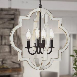 Farmhouse Orb Chandelier, 4-Light Distressed White Wood 