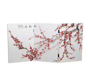 2 ft. Short Plum Blossom Canvas 3-Panel Folding Screen 