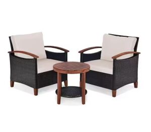 Honey Joy Brown 3-Piece Wicker Patio Set with Beige Cushions 