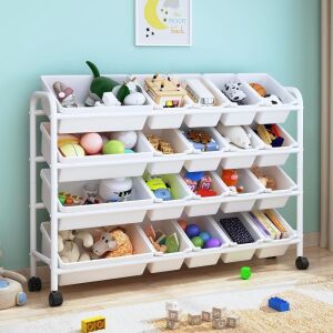 4-Tier Metal Toy Storage Rack with 20 Plastic Bins 