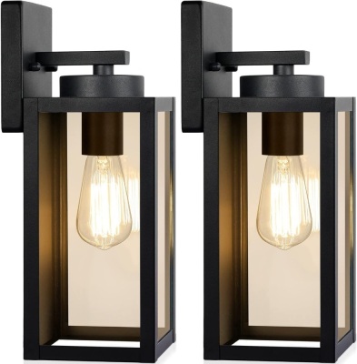 Outdoor Wall Light Fixtures, Exterior Waterproof Lanterns, Porch Sconces Wall Mounted Lighting with E26 Sockets & Glass Shades, Modern Matte Black Wall Lamps for Patio Front Door Entryway, 2-Pack 