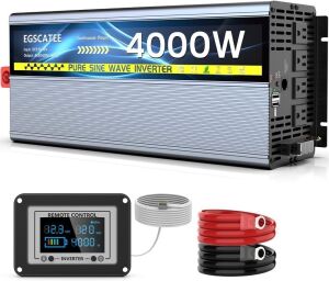 EGSCATEE 4000W Pure Sine Wave Inverter 24V DC to 120V AC, Peak 8000W Off-Grid Solar Power Inverter with 4 AC Outlets, Dual 3.4A USB Ports, Remote Controller with Screen 