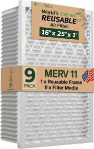 Venti Tech Reusable Air Filter 16x25x1 MERV 11, Includes 1 Reusable Frame with 9 Disposable Filter Media 