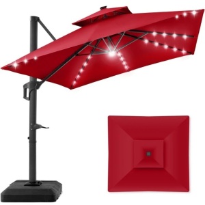 2-Tier Square LED Cantilever Offset Umbrella w/ 360 Rotation, Base - 10x10ft