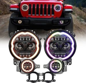 OPP ULITE Dream Chasing Color Halo JL Led Headlights 9inch Built-in Canbus, Amber Turn Signal Light, 2 Brackets 4inch Fog Lights for Jeep Wrangler JL Headlight Sahara Rubicon Gladiator JT 2018-2023