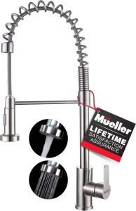  Mueller Professional Series Kitchen Sink Faucet Single Handle Stainless Steel, High Arc, Pull-Out Spray Head