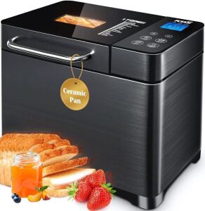  KBS 17-in-1 Bread Maker-Dual Heaters, 710W Machine Stainless Steel with Ceramic Pan & Touch Panel, 3 Loaf Sizes 3 Crust Colors