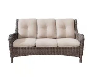 3-Seat Wicker Outdoor Patio Sofa Sectional Couch with Beige Cushions 