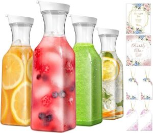  GMISUN Mimosa Bar Supplies, 4 Plastic Carafe with Flip-Top Lids, Mimosa Bar Sign, Hanging Tags 