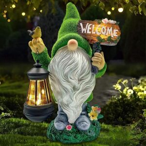 Flocked Resin Gnome Figurine with Solar Light Holding Lantern Welcome Sign