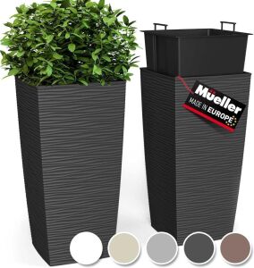  Mueller M-Resin Heavy Duty Tall Planter, 24”, Built-in Drainage, Dark Gray, Set of 2 