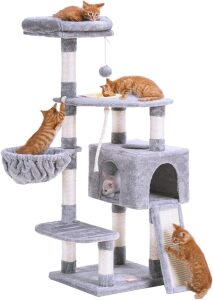 Heybly Cat Tree, Cat Tower for Indoor Cats with Scratching Board, Multi-Level Cat Furniture Condo with Feeding BowlLight Gray