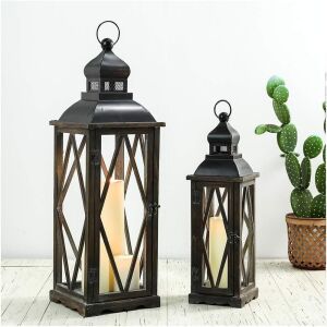 Glitzhome 2 Pack Farmhouse Wood/Metal Decorative Candle Lanterns, No Glass