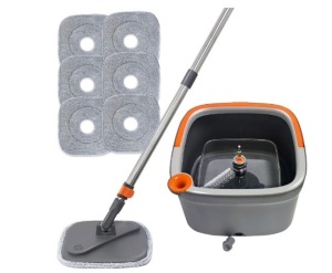 KZKR Spin Mop and Bucket Set with 6 microfibra Replaceable Mop Pads with Self Separation Dirty and Clean Water System, Self Wringing 360° Rotating Square Mop-Head for Hardwood Tile Marble Floors