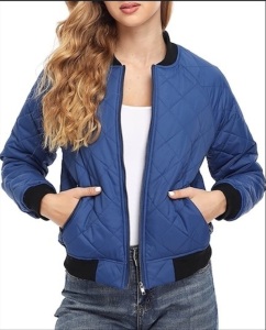 Womens Quilted Jacket Lightweight Long Sleeves Zip Up Raglan Bomber Jacket-size large