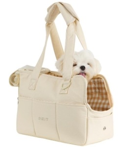 Beige & Gingham Canvas Pet Carrier for Small Animals W/Cushion & Shoulder Strap