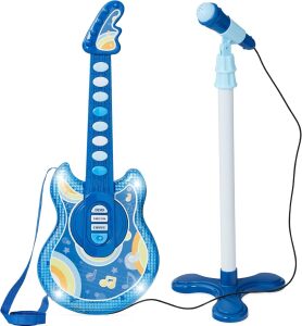 19in Kids Flash Guitar, Pretend Play Musical Instrument Toy for Toddlers w/Mic, Stand, 8 Demo Songs, Lights & Sounds