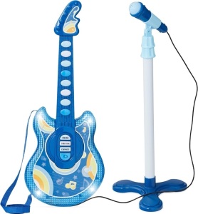 Best Choice Products 19in Kids Flash Guitar, Pretend Play Musical Instrument Toy for Toddlers w/Mic, Stand, 8 Demo Songs, Lights & Sounds - Navy