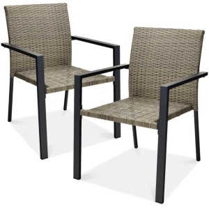 Set of 2 Stackable Wicker Chairs w/ Armrests, Steel Accent Furniture