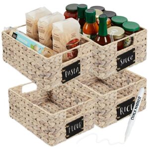 Woven Water Hyacinth Pantry Baskets w/ Chalkboard Label, Set of 4 