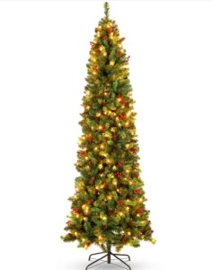 Pre-Lit Spruce Pencil Christmas Tree w/ Berries, Pine Cones 12ft