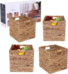 Foldable Handwoven Water Hyacinth Storage Baskets, 12" x 12" x 12", 4 pc 