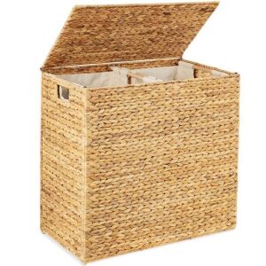 Large Water Hyacinth Double Laundry Hamper Basket w/ 2 Liner Bags 