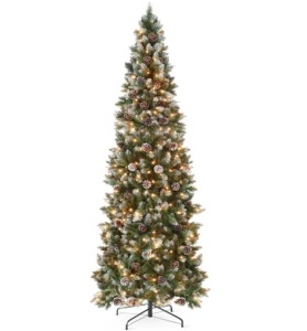 Pre-Lit Partially Flocked Pencil Christmas Tree w/ Pine Cones, Metal Stand 7.5ft