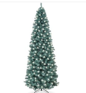 Pre-Lit Blue Spruce Pencil Christmas Tree w/ Metal Base, Incandescent Lights 7.5ft