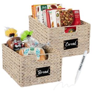 Set of 2 Water Hyacinth Pantry Baskets w/ Chalkboard, Marker - 16in 