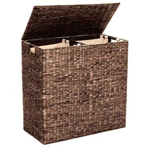 Large Water Hyacinth Double Laundry Hamper Basket w/ 2 Liner Bags