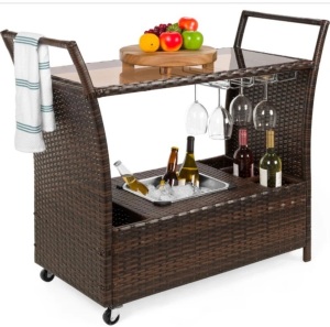 Wicker Serving Bar Cart w/ Wheels, Glass Counter, Ice Bucket