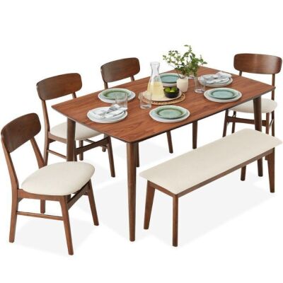 6-Piece Mid-Century Modern Upholstered Wooden Dining Set w/ 4 Chairs, Bench