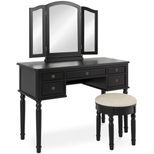 Vanity Dressing Table Set w/Tri-Folding Mirror, Upholstered Stool Seat, 5 Drawer Storage Organizer - Appears New 