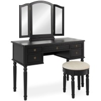 Vanity Dressing Table Set w/Tri-Folding Mirror, Upholstered Stool Seat, 5 Drawer Storage Organizer - Appears New&nbsp;