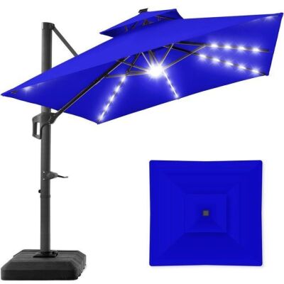 2-Tier Square LED Cantilever Offset Umbrella w/ 360 Rotation, Base - 10x10ft 