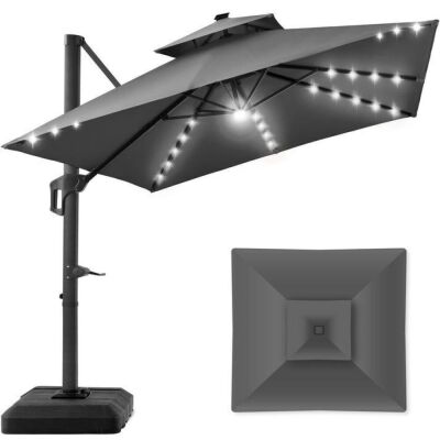 2-Tier Square LED Cantilever Offset Umbrella w/ 360 Rotation, Base - 10x10ft 